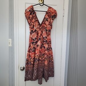 By Anthropologie Pink Floral Babydoll Plunge V Neck Dress